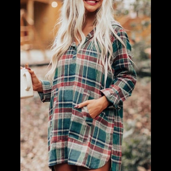 Hooded Flannel Plaid Loose V-Neck Few Buttons 🦘Pocket Drawstring Pullover Shirt - Picture 8 of 14